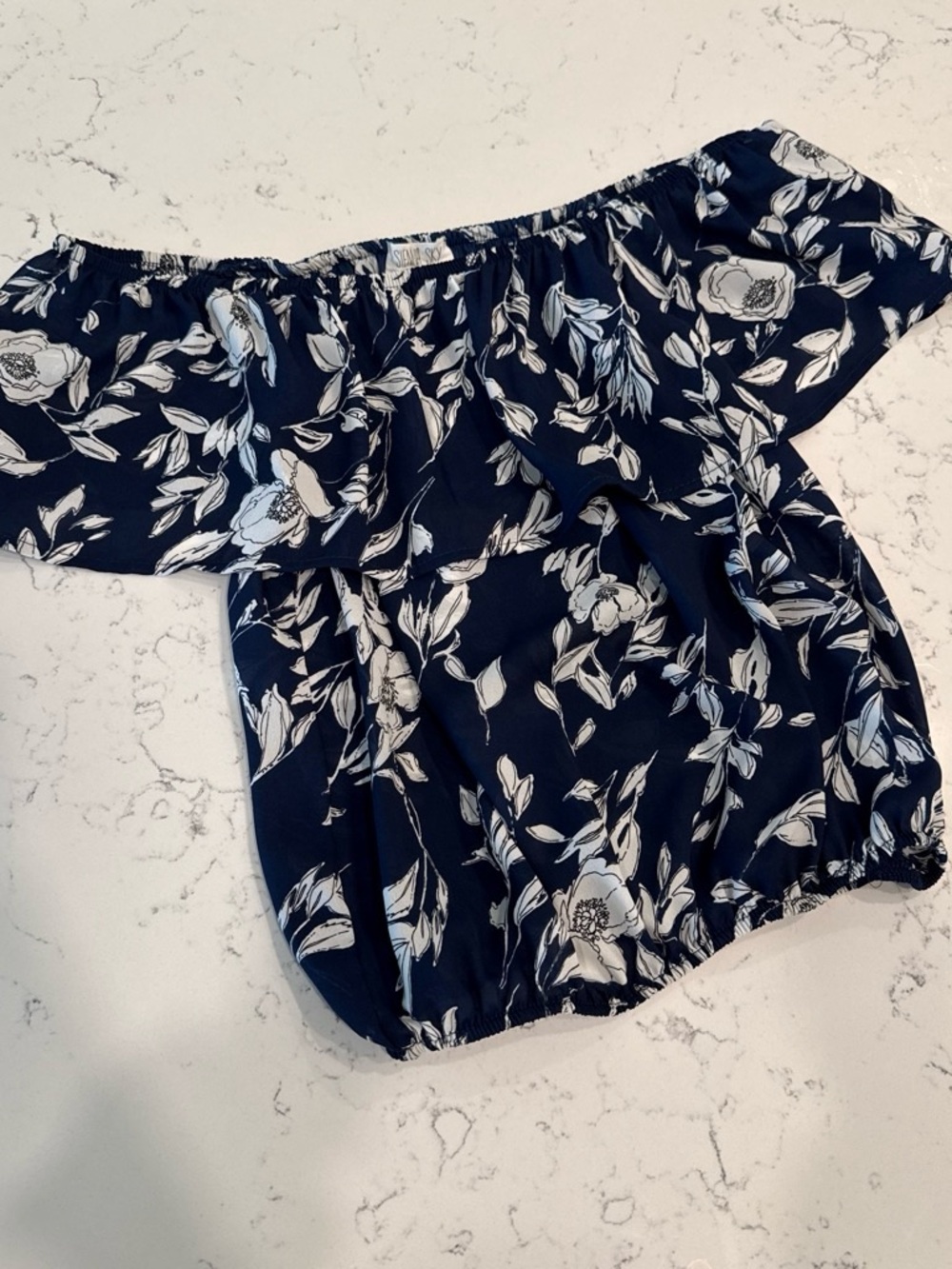 Off-Shoulder Floral Top in Navy and White
